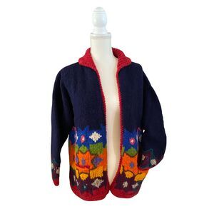 Colorful Hand Knit Wool Blend Cardigan Sweater Women’s Size Large w/ Pockets